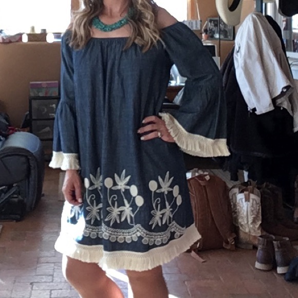 Shyanne | Dresses | Shyanne Off The Shoulder Embroidered Denim Dress ...